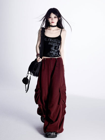 Waist Drawstring Cuffs Wide-Leg Cargo Pants Red Low