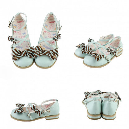 Gestreifte Schnallen am Herz-Schuh-Design Schleife Lolita Top Crisscross Grünbraun Muster