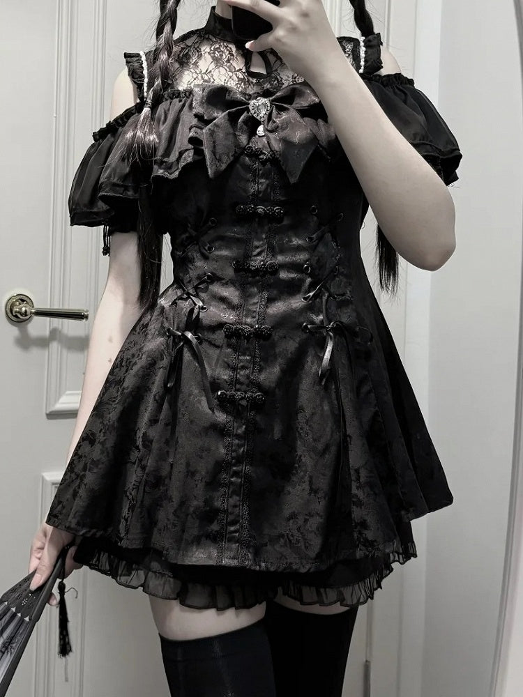 Cheongsam + Illusion Jirai Neckline Mini Dress Bow Tie Kei Shorts Set- Black Style + Bell Sleeves