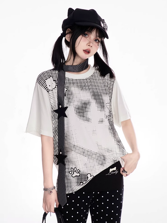 Dot T-shirt Adorable Cartoon Print White Round Neck Polka