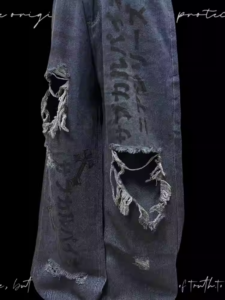 Raw Hem Punk Jeans Blue Distressed Holes