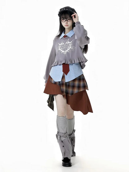 Gray V-Neck Ruffled Hem Cropped Graphic Sweatshirt
