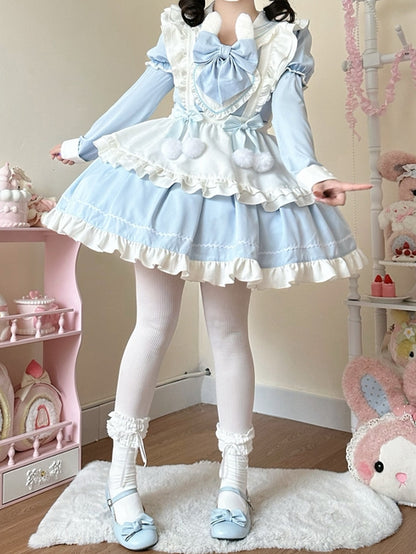 White Maid Sailor Blue Dress Sleeves Apron Ears Lolita Short Collar with Bunny