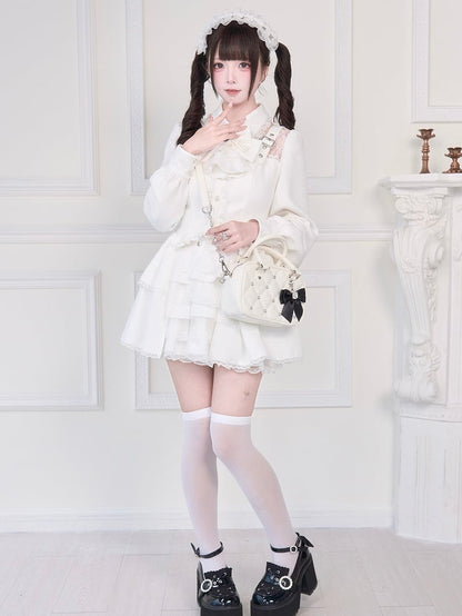Adorned Blouse Illusion with Strap Details Buckle Neckline White Kei Jirai