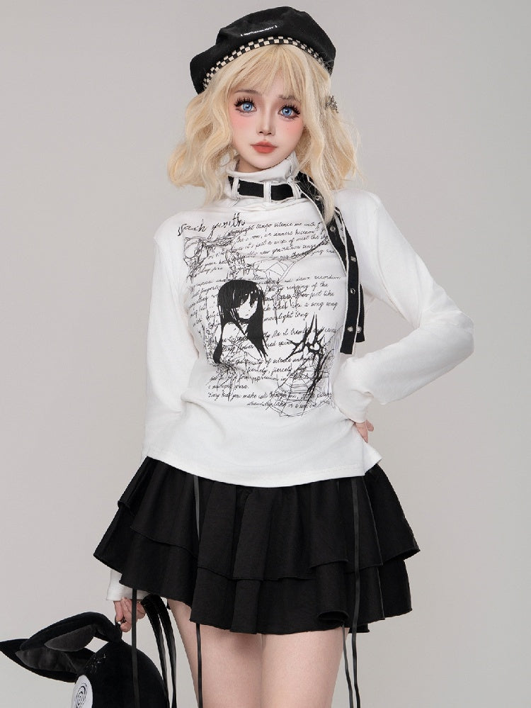 Jirai Kei Black/White Manga Girl Strap Details High Neck Top