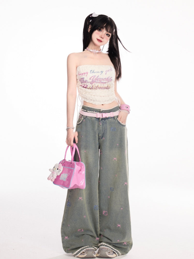 Apricot Drawstring Side Strapless Top Print Lace Cropped Letter