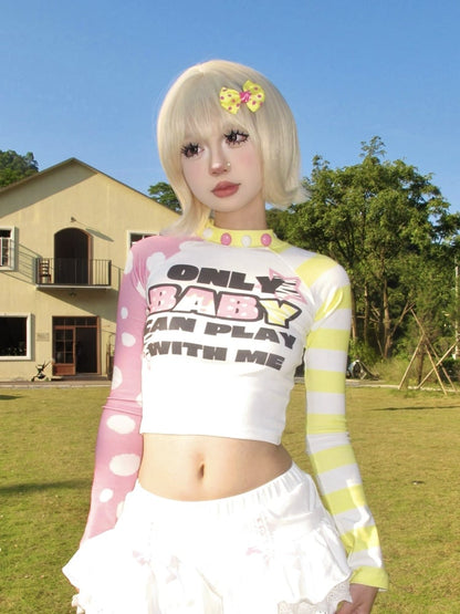 Yellow&Pink Long Sleeves Letter Cropped Top