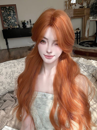 Orange Long Wavy Synthetic Wig With Curtain Bangs