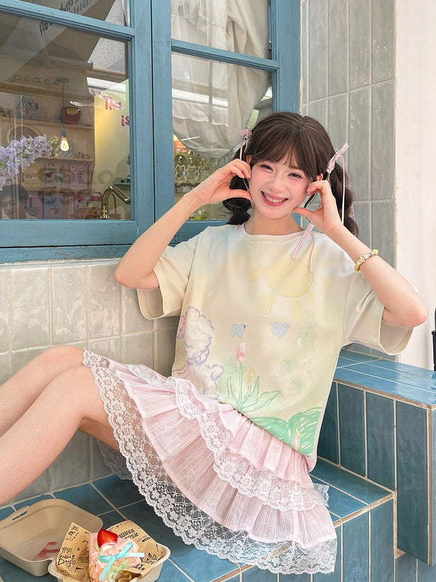 T-Shirt Light Green Round Neck Graffiti Lamb Print Loose