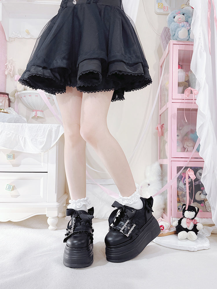 Jirai Accents Kei Shoes Black Bow Buckle Design Beaded Platforms