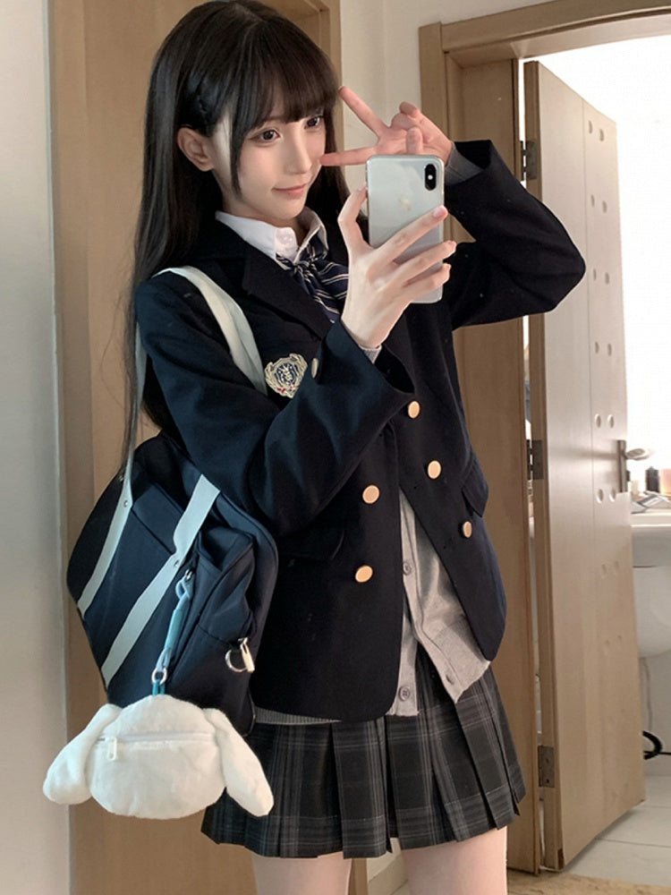 Blue JK Decorated Badge Uniform Dark Preppy Blazer Style