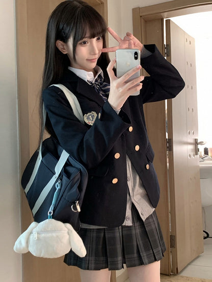Blue JK Decorated Badge Uniform Dark Preppy Blazer Style