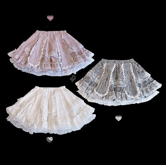 Double-Layered Jirai Kei Lace Black/White/Pink Bunny Ears Design Skirt