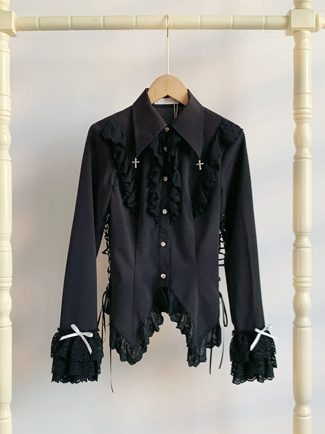 Black Lace Trimming Cross Charm Collar Ouji Lolita Shirt