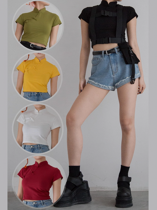 Frog T-Shirt Crop Cheongsam Available Colors Buttons 5 Mandarin Style in with Collar -