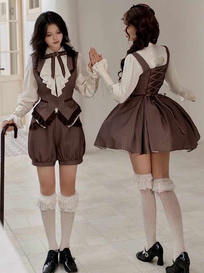 Brown Ouji Lolita Lace Trim Waistcoat + Striped Bloomer Shorts