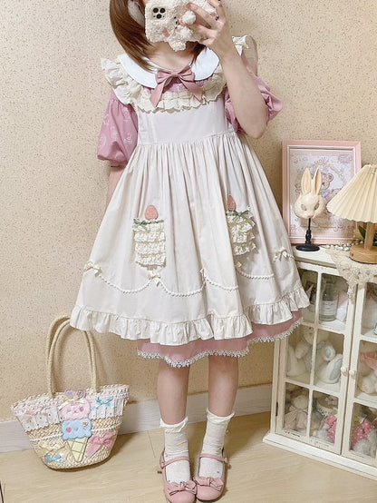 Robe longue beige en coton à taille haute et appliques de fraises