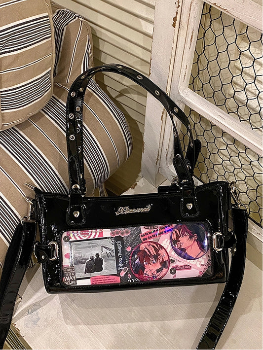 Bag Black Transparent-Window PU Versatile Ita Leather