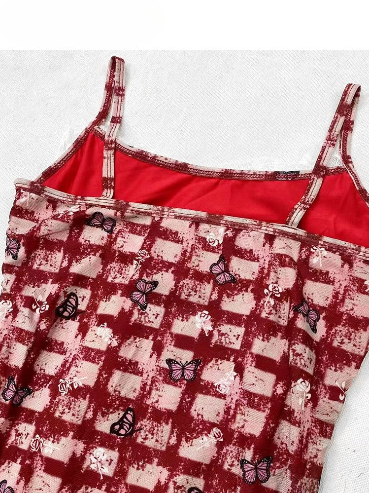 Hem Glamorous Bittersweet Pattern Red Skirt White Dress Cami Set- Plaid Lace Butterfly Asymmetrical +