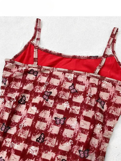 Hem Glamorous Bittersweet Pattern Red Skirt White Dress Cami Set- Plaid Lace Butterfly Asymmetrical +