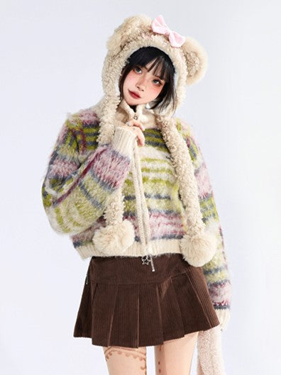 High Neck Cardigan Striped Green Closure Mohair Zip Crop Vintage with