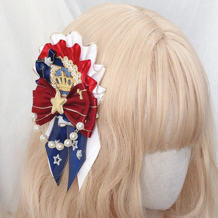 Idol Charm Haarspange Lolita Verzierte Krone Blau-Rot Schleifendetails Perlenstern-Design