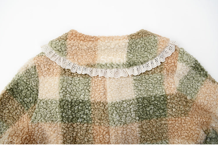 Green Polo Collar Lace Trim Plaid Fleece Coat