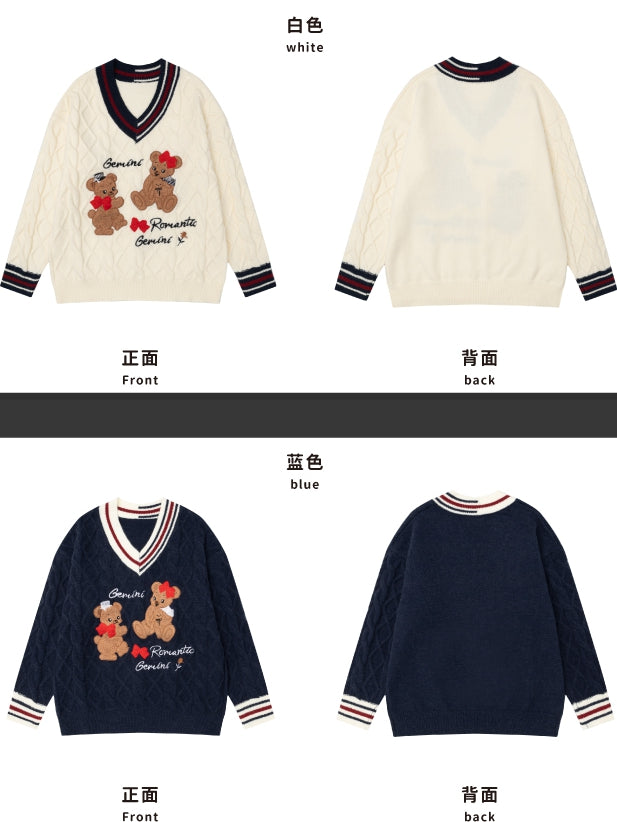 Christmas Navy Blue Gingerbread Bear Appliques V-neck Soft Sweater