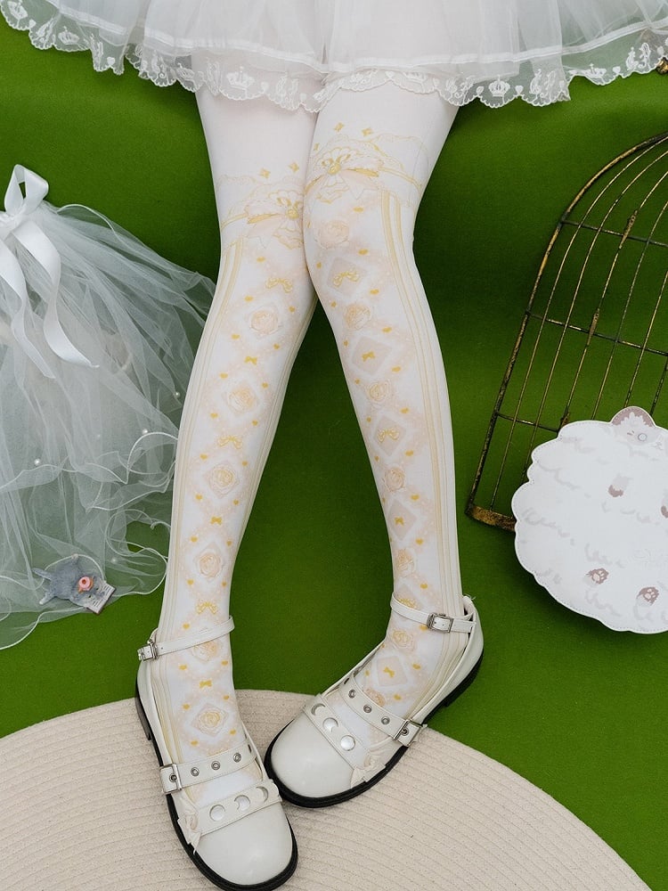 Print Tights Floral And Red/Pink/Blue/Black/Yellow Bowknot