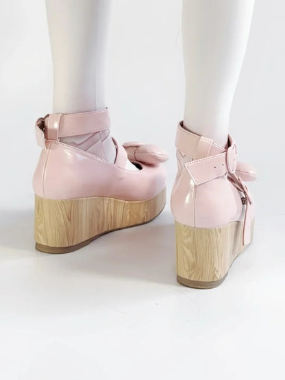 Platform - Shoes Top Buckles at Bow PU Sweet Heart Baby Pink