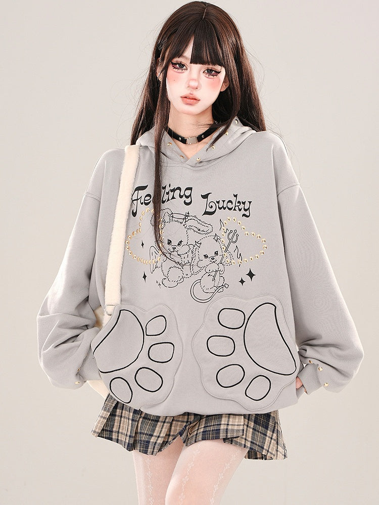 White/Grey Devil Bunnies Print Studs Loose Hoodie