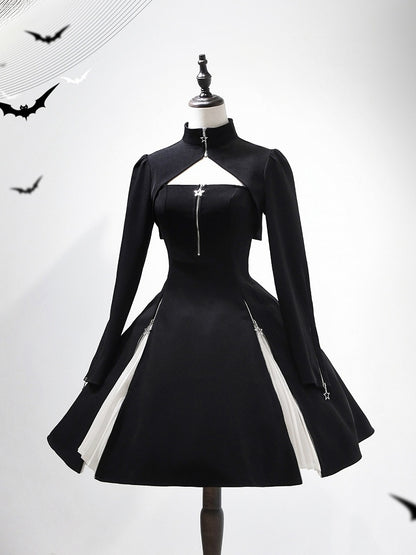 Star Zip Cropped Long Charm Sleeves Top Black Cuffs