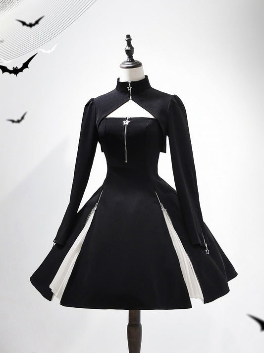 Star Zip Cropped Long Charm Sleeves Top Black Cuffs