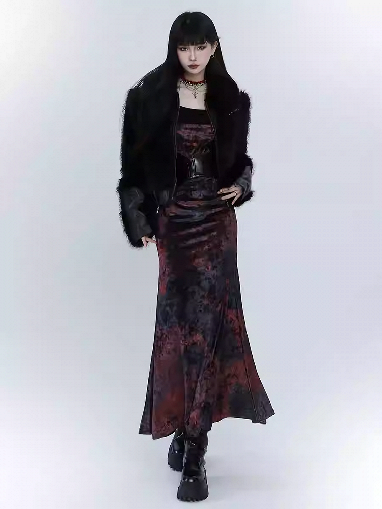 Robe sirène en velours noir et rouge tie-dye