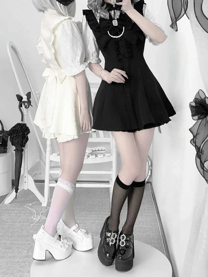Tie+Hairclips Y2K Sleeves Dress+Shorts+Bow Kei Set-Cheongsam Collar Short White Jirai