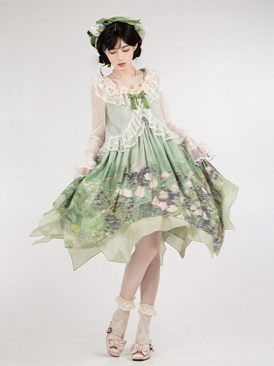 Sheer Flounce Dotted Sleeves Top Long White Trimming Tulle