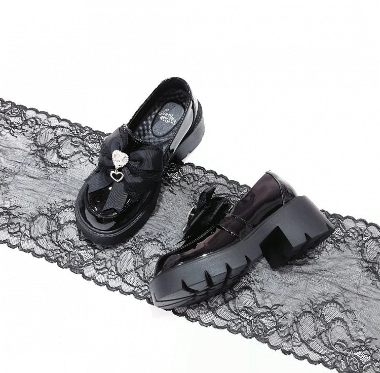 Polished 6cm Jirai with Black Loafers Rhinestone Sweetheart Bow Platform in Kei Heel