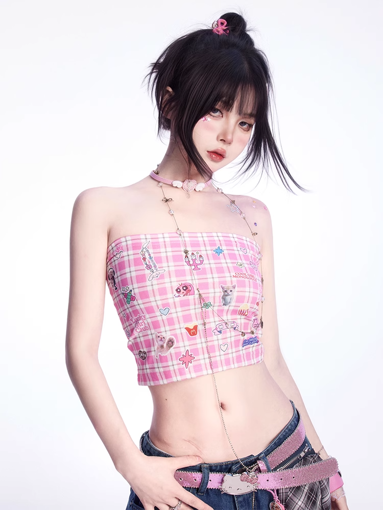 Strapless Top Print Cute Kitten Sticker Pink Plaid Cropped