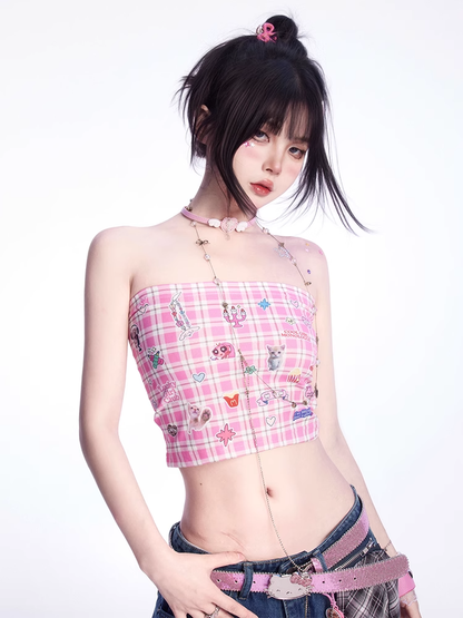 Strapless Top Print Cute Kitten Sticker Pink Plaid Cropped