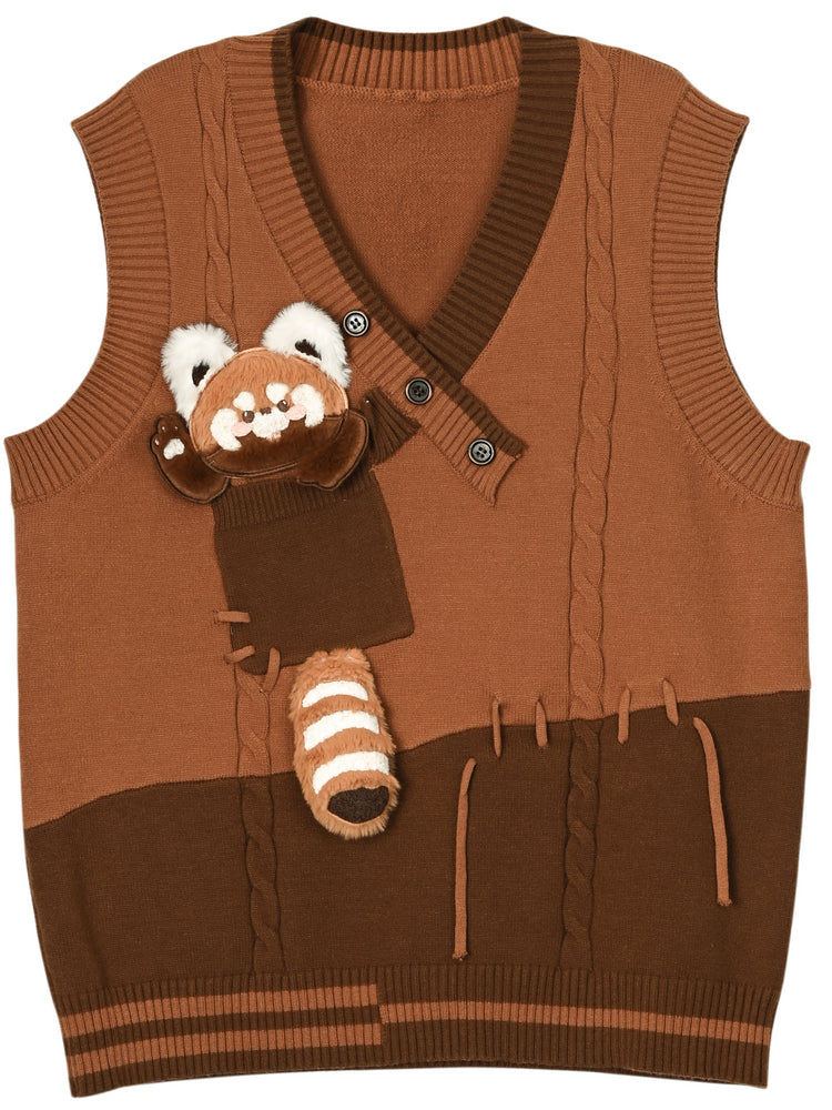 Cute Lesser Panda Brown Colorblock Knit Vest