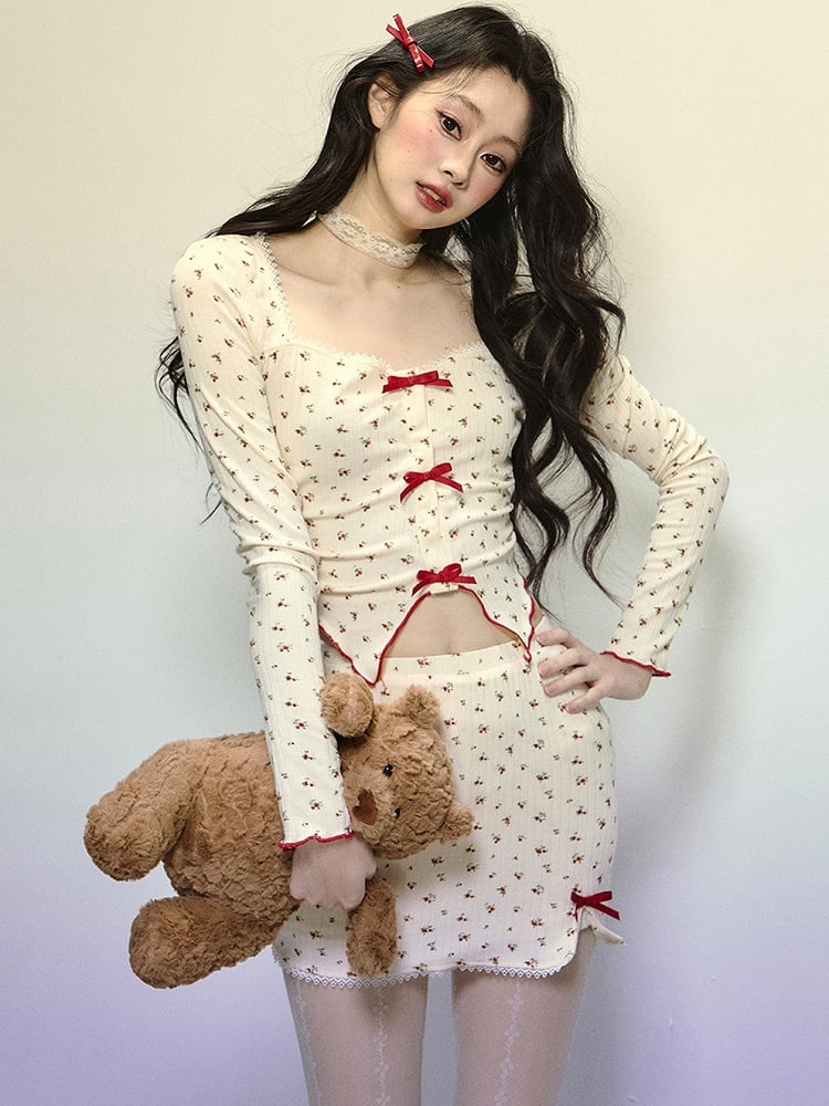 Apricot Floral Pattern Square Neckline Crop Top with Bowknot Details