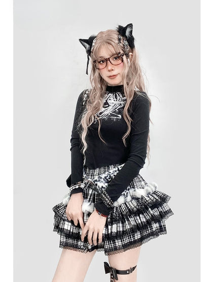 Black Plaid Pattern Lace Trim Tiered  Skirt