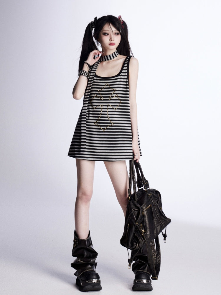 with Free Black and Gray Stripes Studded Cross Vintage Scarf Tank Top