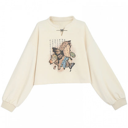 Banded Sweatshirt Collar Butterfly Style Cheongsam Print Black/Apricot