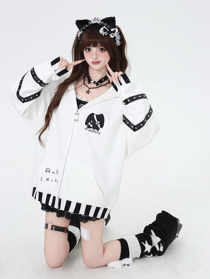 Black White Striped Bunny Ear Zip Hoodie