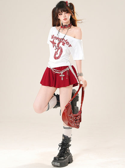 Letter T-shirt Star Glamorous Print Neckline WhiteRed And Number Asymmetrical