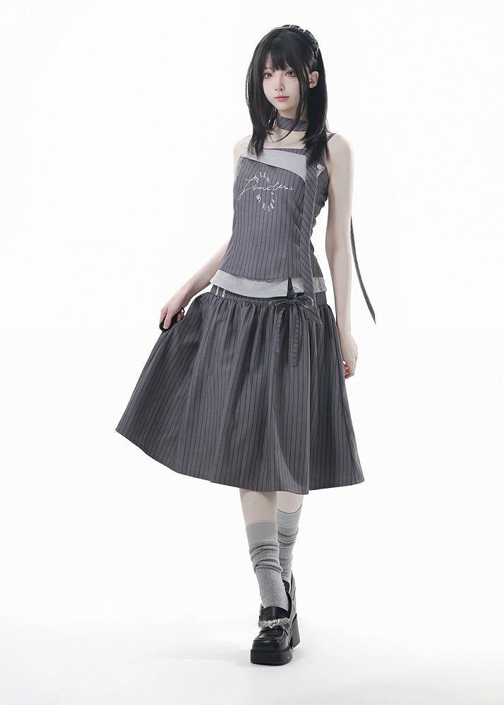 Gray Silhouette | Skirt Partial Button-Up Front Striped A-Line Preppy