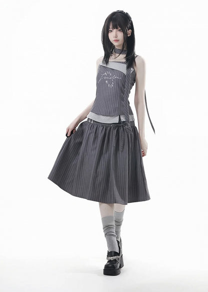 Gray Silhouette | Skirt Partial Button-Up Front Striped A-Line Preppy