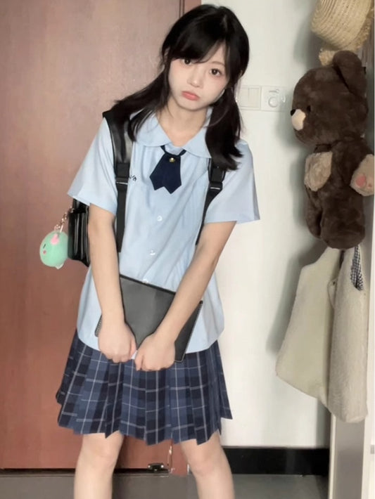 Stil Kurze Preppy Pan Weiß/Blau Peter Shirt Ärmel Version Faltendetails Kragen