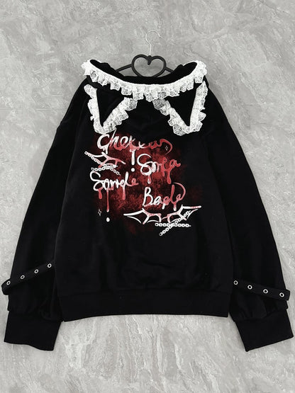 Y2K Black Cat Ears Design Hood Lace Trim Zip Hoodie